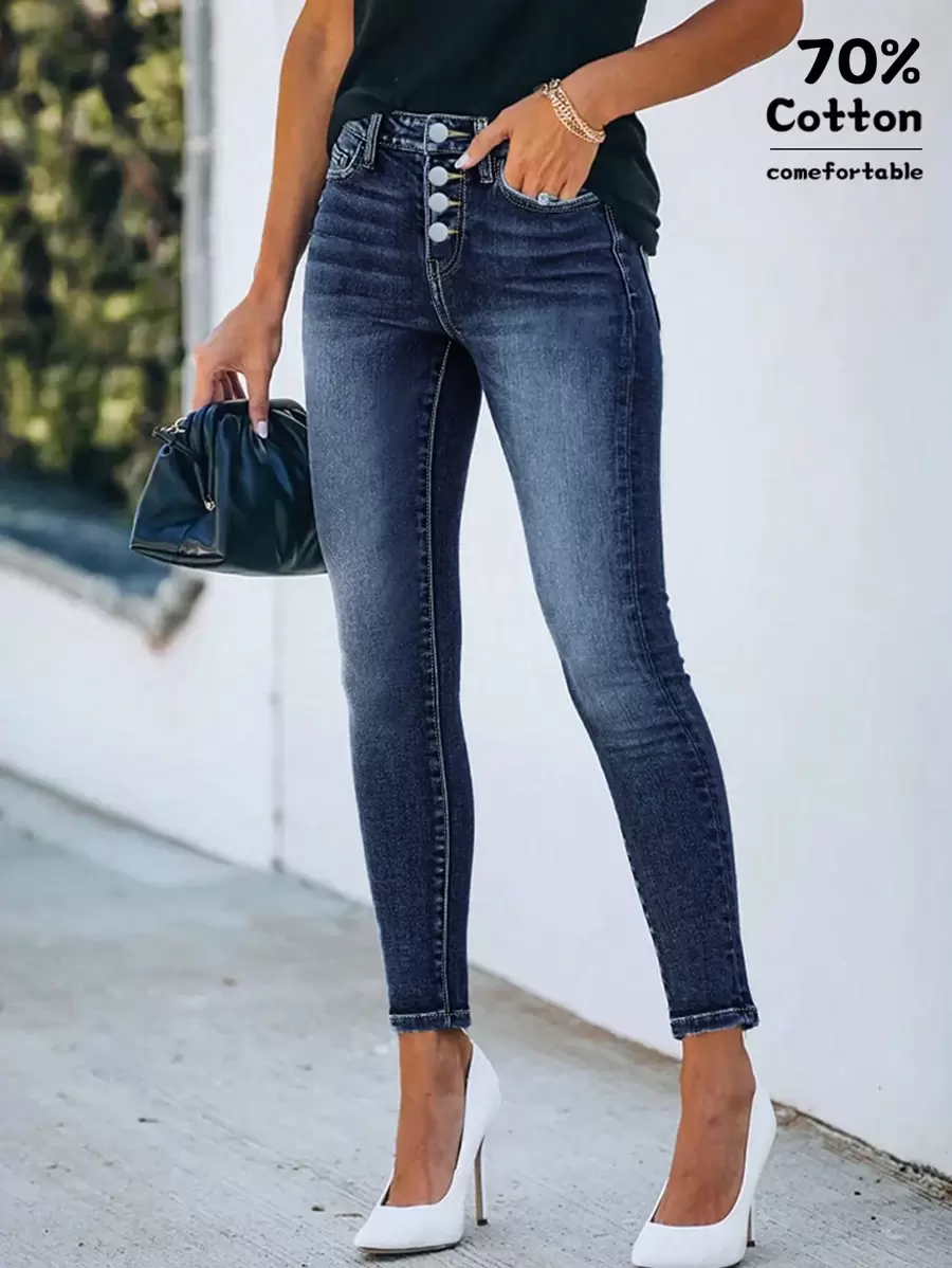 Pocket Button Fly Low Waist Skinny Ankle Length Jeans, Casual Everyday Wear - Dark Wash - View 1
