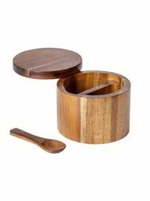 1 pieza Salero y pimentero de madera con cuchara - Estilo país almacenamiento de especias y condimentos para la cocina - color madera - Ver 6