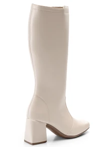 Bota Feminina Salto Alto Grosso Cano Alto Bico Quadrado Lumiss - Bege - Visão 6