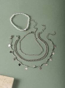 4pcs Holiday Style Heart Chain Pearl Anklet (Random Heart Chain Quantity, Based On Length) Valentine's Day Valentines,Mom,Mother,Mother's Day,Gift