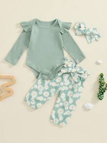 Baby Girls 3 Piece Outfit Long Sleeve Ruffled Ribbed Romper Daisy Print Lacing Pants Hairband Set - Green - View 1