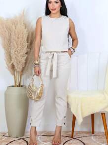 Women's Formal Set Cropped Trousers With Tie - Grey - View 2