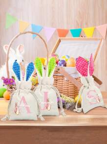 Customizable Easter Bunny Ear Gift Bag, Personalized Name, Handmade Canvas Gift Packaging, Easter Party Decor With Drawstring, Polyester Linen Bag, Animal Pattern Cookie/Candy Bag, Small Gifts, Personalized Gifts - Foldable, Non-Staining, Lightweight, Drawstring Closure, Cute Style, No Tape, Fabric Material, White Color, Patchwork Details - Multicolor - View 5