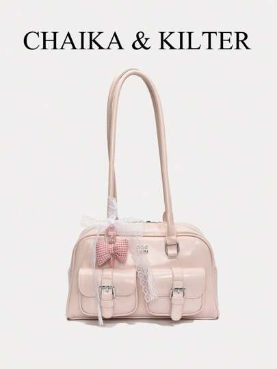 CHAIKA & KILTER 1pc Glossy PU Material Shoulder Bag, Women Fashion Multi-Pocket Large Capacity Boston Bowling Bag, Zipper Closure Suitable For Daily Use And Going Out (With Pendant Sold)