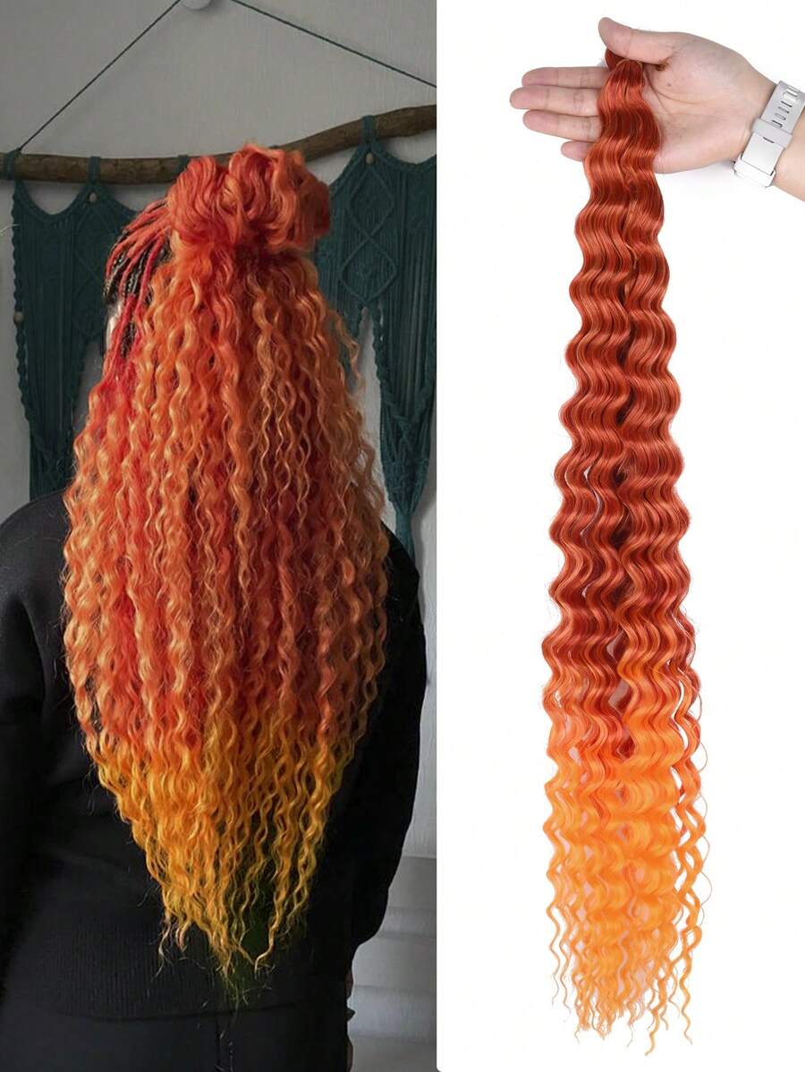 32 Inch Deep Wave Crochet Braid Wig, Pink And Gold Ocean Wave Braid Wig, Orange Synthetic Curly Crochet Braid Extensions, Wave Braid Wig, Crochet Braid - Dirty Orange - View 1