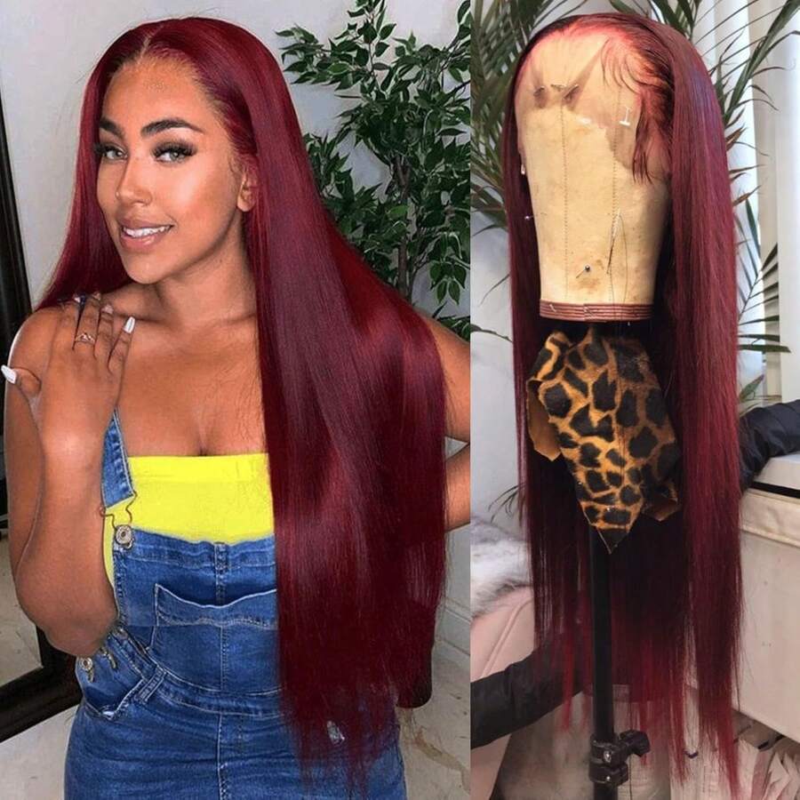99j Burgundy Lace Front Wigs Human Hair Wine Red Straight Human Hair Wig 13x6 HD Lace Frontal Human Hair Wigs Pre Plucked With Baby Hair 180% Density Colored Glueless Wig For Women - Burgundy - View 1
