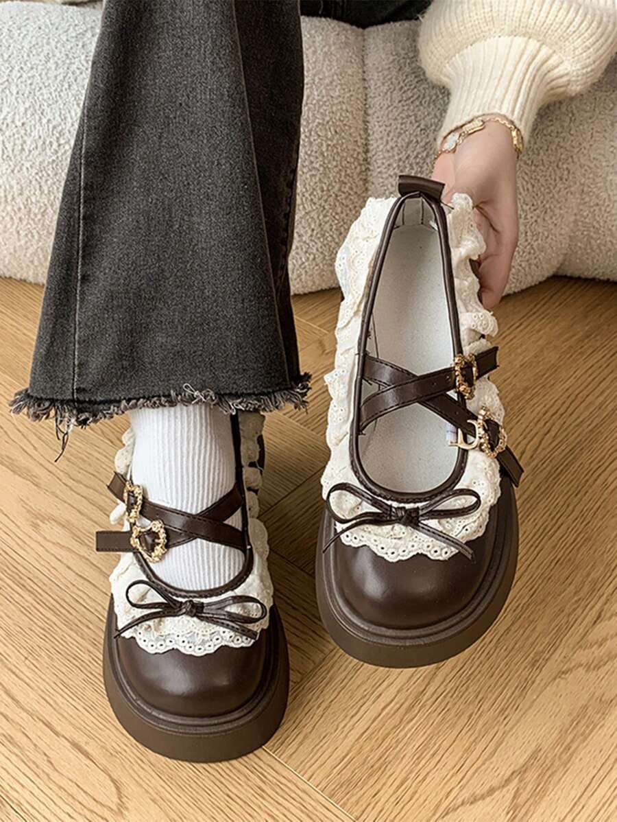 Damen Retro Mary Jane Schuhe, Dicke Plateau-Keilabsätze, Schleifenverzierung, modische vielseitige Freizeitschuhe
