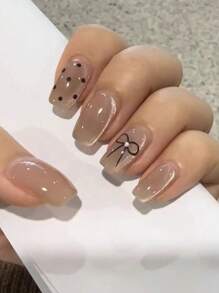 10 Stück Katzenauge Nägel mit schwarzen Punkten, Aufklebe-Nägel mit Schleifendekor, Glitzer-Fake-Nägel in kurzer Sargform, Maniküre-Set inklusive 1 Stück Blatt Klebestreifen & 1 Stück Mini-Feile, perfekt für den täglichen Gebrauch, Nagelbedarf