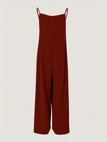 女士夏季纯色休闲修身连体裤，时尚街头时尚度假装，适合日常休闲和度假 - 酒紅色 - 查看 2