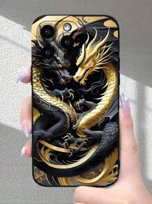 1pc Golden Double Dragon Printed 2D Pattern Couple Phone Case, Creative Personalized High-End Classic Retro Golden Double Dragon Aesthetic Style Suitable As Gift For Elders, Friends, Family, Couples, Birthday, Easter, Festival - Black Matte Soft Full Coverage Protective Anti-Dust Waterproof Case Compatible With IPhone 16/15/14/13/12/11/Pro/ProMax/X/XR/XS/XSMAX/7/8/PLUS And Models