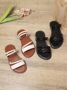 1 par de sandalias planas de playa de niñas pequeñas/niñas pequeñas de PU trenzado negro con correa de hebilla ajustable, punta redonda, antideslizante, sandalias romanas de moda y lindas para el hogar, adecuadas para niñas de 3 a 15 años, uso diario casual, fiesta, vacaciones, verano nuevo