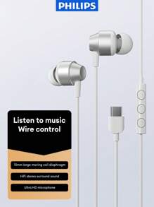 PHILIPS 飞利浦 TAE1120 Type-C 入耳式有线耳机，运动 HIFI 环绕立体声，音乐，游戏，高清麦克风，控制按钮，防缠结，舒适硅胶耳塞，商务有线耳机 - 彩色 - 查看 3