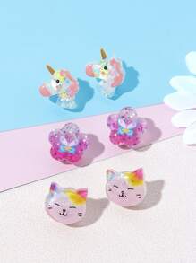 3 أزواج من أقراط بمشابك أطفال جميلة بشكل وحيد القرن و الزهور