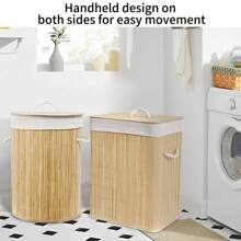Bamboo Laundry Basket, Large Capacity Collapsible Movable Hamper With Lid & Wheels, Rectangular/Round, Space-Saving Storage For Bathroom, Laundry Room, Bedroom Home Bathroom Decor Bathroom Accessories Bathroom Organizer Fall Decor Back To School - Bamboo Original Color - View 8