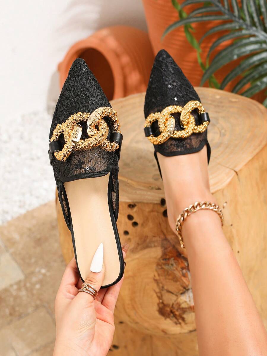 Women's Elegant Spring/Summer Flat Point-Toe Black Mesh & Metal Buckle Mules (Random Shoe Upper Pattern) - Black - View 1