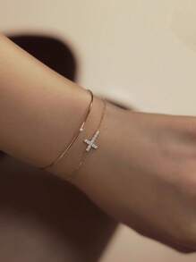 1pc Fashion Diamond-Studded Cross Design S925 Sterling Silver Bracelet, Suitable As Wedding & Bridal Gift For Women - Gold Bracelet - View 7