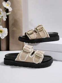 Women's Fashion Versatile Khaki Fringe Edged Casual Resort Style Leather Buckle Platform Wedge Slide Sandals
