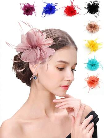 Sombreros de fascinador para mujeres, clip de pelo con flor de plumas, broche, sombrero para boda, té, fiesta, carrera de caballos, diadema para Halloween