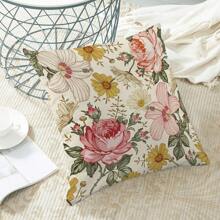 2pcs Spring Pillow Covers, Pink & Yellow Vintage Hibiscus Floral Pattern, Outdoor Decor, Summer Rustic Farmhouse Linen Fabric Sofa Cushion Covers, Single-Sided Design, Pillow Insert Not Included - Pink - View 5