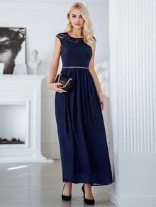 MIUSOL 對比花邊腰部、褶皺、亮片雪紡正式派對長裙 - 藏蓝色 - 查看 5