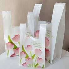 50 Pieces - PE Printed Shopping Bag With Handle, Maple Feather Bag, Avocado Tote Bag, Rose Tulip Gift Bag, Cherry Tote Bag, Plastic Packaging Bag, Jewelry Bag, Disposable Durable Grocery Retail Bag, Suitable For Supermarkets, Restaurants, And Daily Use, Suitable For Graduation Season, Birthday Parties, Suitable For Mother's Day And Eid Al Adha
