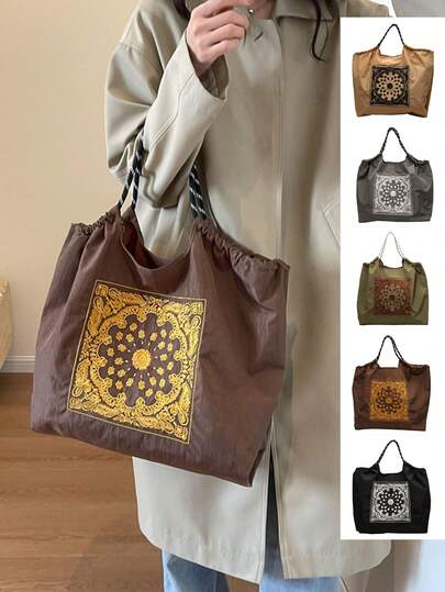 Embroidered Shopping Tote Bag, Oxford Cloth Bag With Embroidery, Nylon Shopping Bag, Handbag, Shoulder Bag, Vintage Large Capacity Tote Bag, Tote