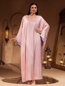 New Fashionable Luxury Elegant Pearl Embroidered Lace Collar Tassel Splice Women's Arabic Robe - Pink - View 3