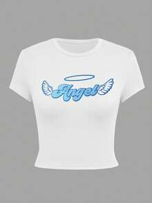 天使宝宝印花短款 T 恤，Y2K 风格，百搭，适合派对和活动 - 白色 - 查看 3