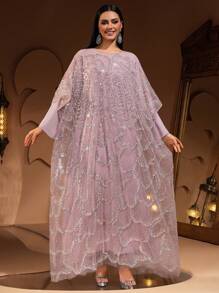 New Luxury High-End Sequin Pearl Embroidery Lace Women Maxi Long Two Pieces Robe Dress - Pink - View 2