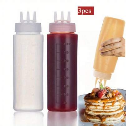 3 piezas Botellas exprimidoras de salsa de cocina, Botella de salsa de miel y ostras, Botella exprimidora de leche condensada, Botella de condimentos de tres orificios, con escala, control visual transparente, a prueba de fugas, botellas exprimidoras de salsa para fiestas y celebraciones