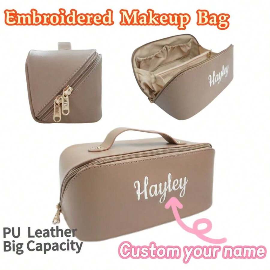 Personalized Embroidered Simple Multifunctional Cosmetic Pouch - Brown - View 1