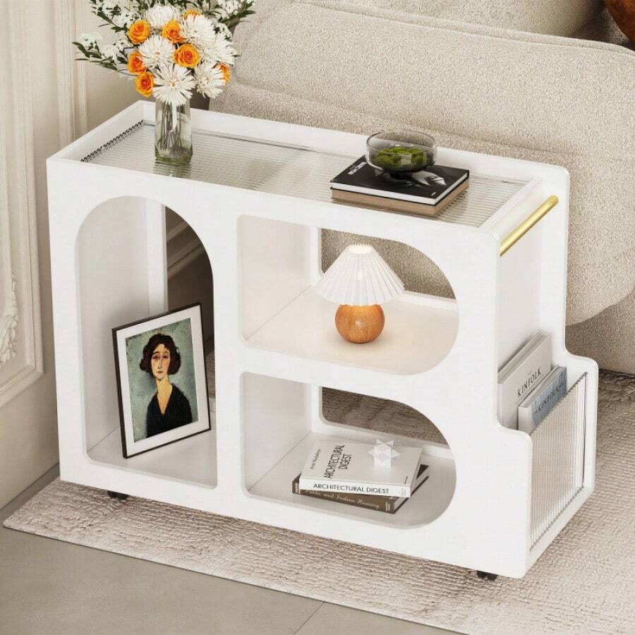 Mobile End Table With Lockable Wheels, Narrow Coffee Table With 5mm Thick Fluted Tempered Glass, Modern Nightstand With Golden Round Rod, Living Room, White, 31.5''W X11.8''D X 23.1''H