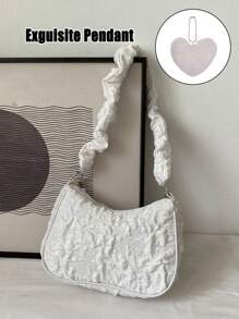 1pc Bow Knot Pearl Nylon Zipper Closure Cute Versatile Shoulder Bag, Suitable For Daily Use - White + Love Pendant - View 4