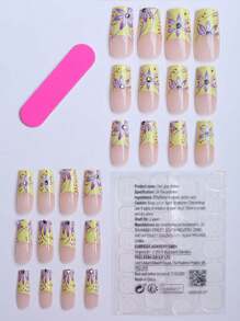 使用 24 件长方形按压指甲礼盒改变您的指甲，春季嫩紫色、蓝色兰花、红色波尔卡圆点、爆闪钻石、鹅黄色奶酪软糖牛奶、经典植物风格法式边缘明亮眼睛闺房礼物、派对假指甲（带果冻胶）、1 件锉刀条 1 件指甲用品