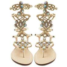 Women's Rhinestone Gladiator Sandals With Shiny Gem Details, Flat Summer Sandals For Beach, Weddings, And Casual Outfits - Perfect For Bridal, Bohemian, And Dressy Occasions - 1125-8-金色 - 查看 1