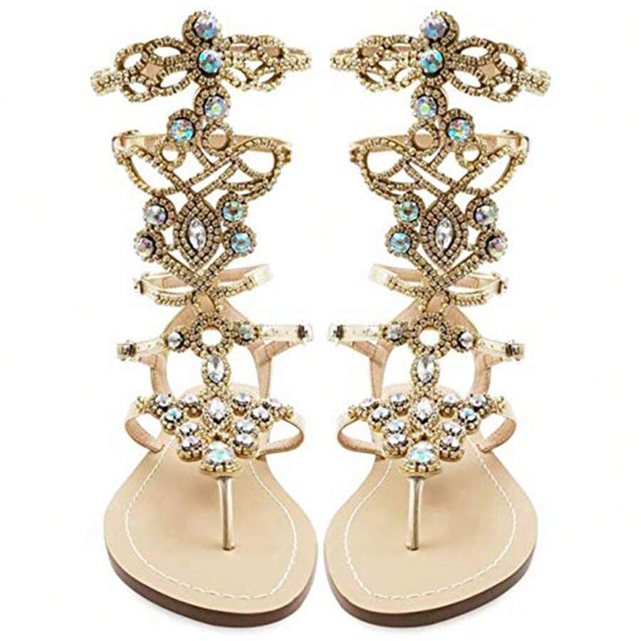 Women's Rhinestone Gladiator Sandals With Shiny Gem Details, Flat Summer Sandals For Beach, Weddings, And Casual Outfits - Perfect For Bridal, Bohemian, And Dressy Occasions - 1125-8-金色 - 查看 1