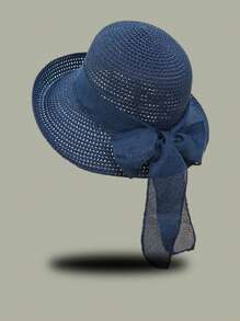 1pc Women Ribbon Solid Color Straw Hat, Fashion Elegant Sunscreen Beach Hat With Linen Bowknot, Suitable For Summer Outings, Beach, Vacation, And Casual Wear