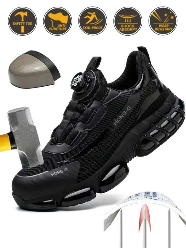 Unisex veiligheidsschoenen met draaiknop voor eenvoudig aan- en uittrekken, comfortabele schoenen met stalen neus: anti-smash anti-lek zomer werkschoenen met luchtkussen voor heren, lichtgewicht ademende veiligheidslaarzen voor op de bouwplaats, unisex werkschoenen met arbeidsbescherming voor alle seizoenen