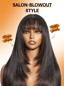 Lange braun-gesträhnte gerade Perücke für Frauen, 24 Zoll klebefrei, realistische synthetische Perücke mit Pony, hitzebeständig, natürlich geschichtet, für Mädchen Alltag, Party, Cosplay