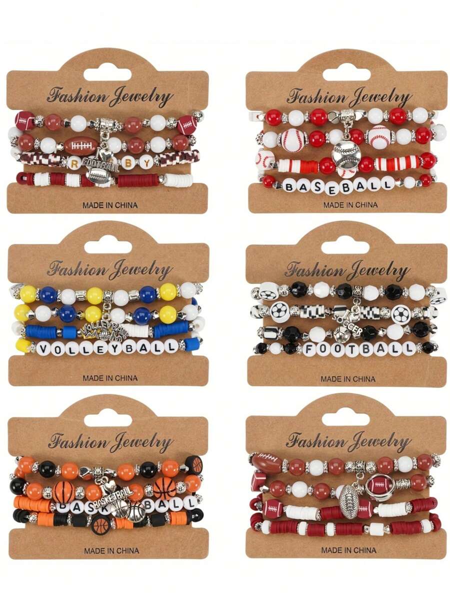 4Pcs/Set Bohemian Sports-Themed Polymer Clay Bracelet Featuring Elements Of Rugby Basketball Soccer Baseball And Volleyball For Women's And Men's Daily Wear Holiday