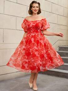 AOMEI Robe vintage à fleurs coupe évasée aux épaules dénudées, manches courtes en lanterne, style rétro, robe de soirée, robe d'invitée de mariage, pour cocktail