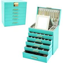 Large Jewelry Box Organizer - 6 Layer Jewelry Holder Organizer With Mirror For Necklace, Earrings And Bracelets Storage, Jewelry Boxes & Organizers For Women (6 Layer Turquoise) - 灰色 - 查看 8
