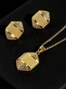 SEQUITO 3Pcs Charming Women Gold Plated Jewelry Set Conical Pendant Necklace Hollow Big Stud Earrings Evening Party Clothes Accessories