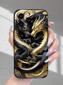 1pc Golden Double Dragon Printed 2D Pattern Couple Phone Case, Creative Personalized High-End Classic Retro Golden Double Dragon Aesthetic Style Suitable As Gift For Elders, Friends, Family, Couples, Birthday, Easter, Festival - Black Matte Soft Full Coverage Protective Anti-Dust Waterproof Case Compatible With IPhone 16/15/14/13/12/11/Pro/ProMax/X/XR/XS/XSMAX/7/8/PLUS And Models