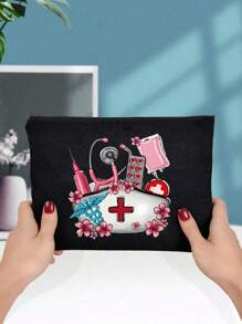 Sac de rangement thème infirmière, sac de beauté, trousse de maquillage avec motif de casquette d'infirmière, tube à aiguille, pilule, sac de perfusion, stéthoscope - Un cadeau parfait pour les infirmières ! Peut ranger les cosmétiques, les outils de beauté, le vernis à ongles, les pilules et d'autres articles, adapté pour sortir