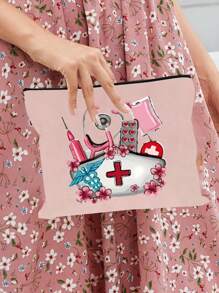 Sac de rangement thème infirmière, sac de beauté, trousse de maquillage avec motif de casquette d'infirmière, tube à aiguille, pilule, sac de perfusion, stéthoscope - Un cadeau parfait pour les infirmières ! Peut ranger les cosmétiques, les outils de beauté, le vernis à ongles, les pilules et d'autres articles, adapté pour sortir