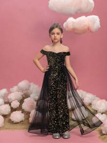Tween Girl Off Shoulder Waist & Mesh Sequin Joint Party Jumpsuit - Black and Gold - View 4
