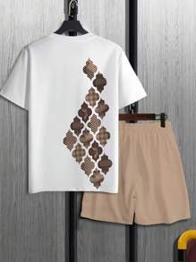 Conjunto de 2 piezas para hombres talla grande, camiseta de cuello en V casual y pantalones cortos, 100% poliéster, impresión posicionada, ligeramente elástico, ajuste regular, tejido de punto - Ropa deportiva de moda