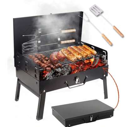 Churrasqueira Á Carvão Maleta Dobrável Galvanizada Preta Portátil com Alça e Grelha Inox para Camping Viagens