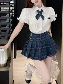 Y2K Preppy Style Women's JK Shirt Short Sleeve Chic Blouse Top+A-Line Pleated Plaid Mini Skirt Two Pieces Set Graduation Skirts Suit 4th Of July Outfits 4th Of July Clothes 4th Of July Women - Multicolor - View 2
